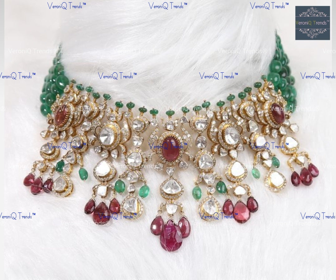 VeroniQ Trends-Victorian Multistrand Beryl Beads Ruby And Polki Silver Choker Necklace 92.5 Silver Moissanite Diamond Polki-Ruby Stone-Gold Plated-Wedding Jewellery-Punjabi Jewellery-South Indian-Thappa Jewellery