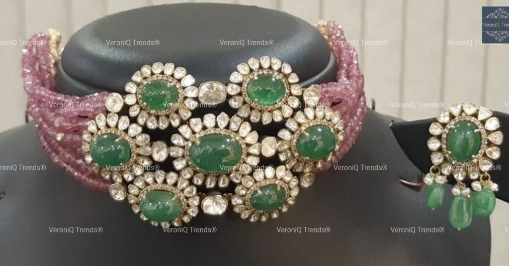 VeroniQ Trends-Victorian Multistrand Ruby Beads Emerald And Polki Silver Choker Necklace 92.5 Silver Moissanite Diamond Polki-Ruby Stone-Gold Plated-Wedding Jewellery-Punjabi Jewellery-South Indian-Thappa Jewellery