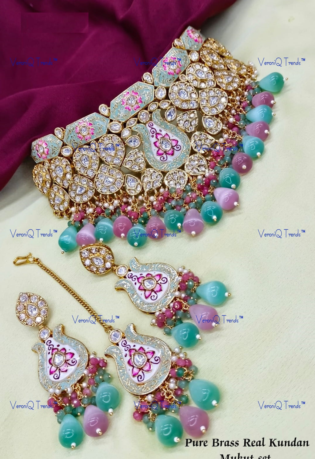 VeroniQ Trends-Bridal Multicolor Beads Kundan And Polki Choker Meenakari Necklace Polki-Gold Plated-Wedding Jewellery-Punjabi Jewellery-South Indian-Thappa Jewellery