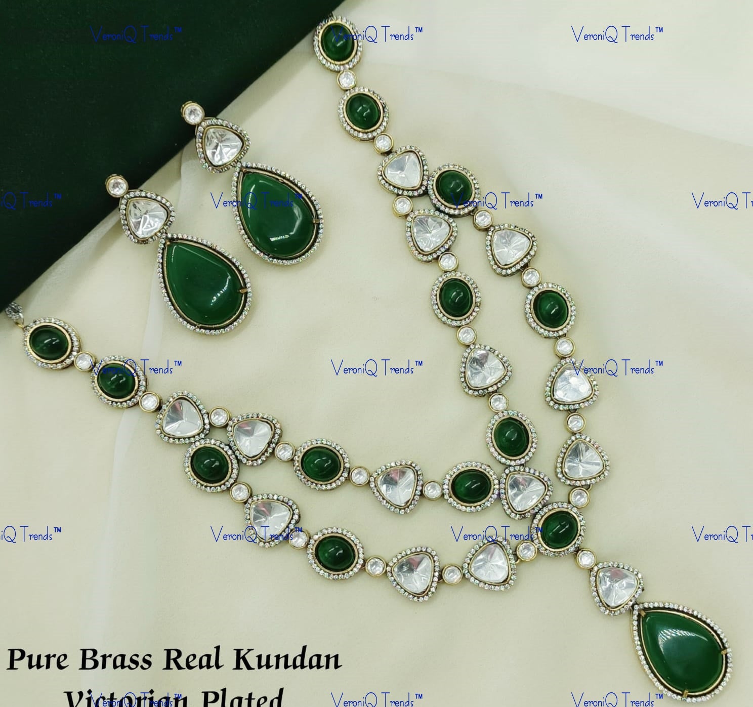 VeroniQ Trends-Victorian Double Line Emerald Green and Kundan Polki Necklace Polki-Gold Plated-Wedding Jewellery-Punjabi Jewellery-South Indian-Thappa Jewellery