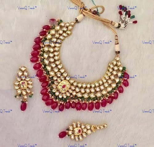 VeroniQ Trends-Bridal Gold Plated Kundan Studded And Pink Beaded Necklace Kundan-Gold Plated-Wedding Jewellery-Punjabi Jewellery-South Indian-Thappa Jewellery