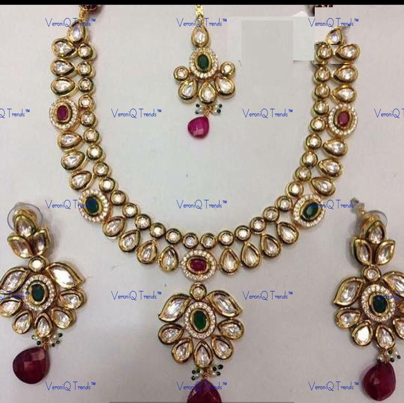 VeroniQ Trends-Traditional Gold Plated Kundan Studded Necklace Kundan-Gold Plated-Wedding Jewellery-Punjabi Jewellery-South Indian-Thappa Jewellery