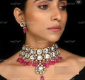 VeroniQ Trends-Elegant Gold Plated Kundan Studded And Beaded Pink Choker Necklace Kundan-Gold Plated-Wedding Jewellery-Punjabi Jewellery-South Indian-Thappa Jewellery