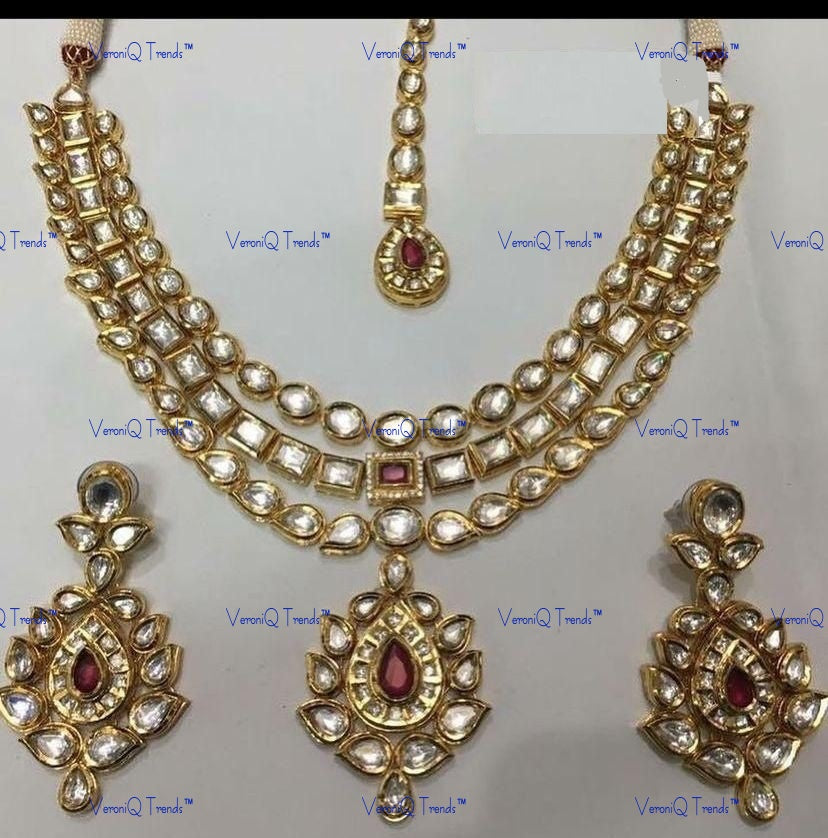 VeroniQ Trends-Traditional Multi-Line Bridal Gold Plated Kundan Studded Necklace Kundan-Gold Plated-Wedding Jewellery-Punjabi Jewellery-South Indian-Thappa Jewellery