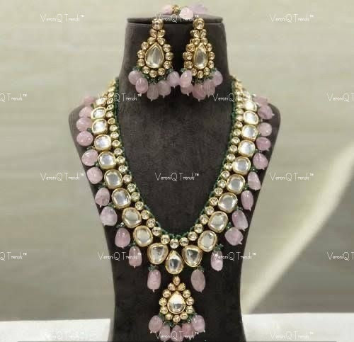 VeroniQ Trends-Heavy Kundan Studded And Pink Beaded Long Necklace Kundan-Gold Plated-Wedding Jewellery-Punjabi Jewellery-South Indian-Thappa Jewellery