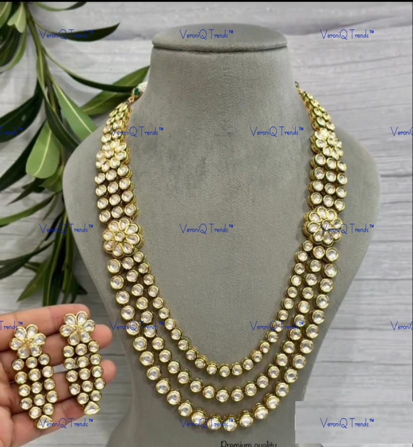 VeroniQ Trends-Multi-Line Kundan Studded Long Necklace Kundan-Gold Plated-Wedding Jewellery-Punjabi Jewellery-South Indian-Thappa Jewellery