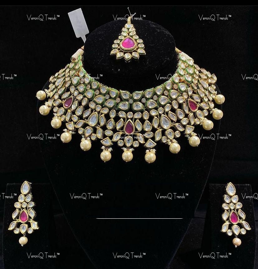 VeroniQ Trends-Beautiful Bridal Kundan Jadau With Pink Stone Choker Necklace Kundan-Gold Plated-Wedding Jewellery-Punjabi Jewellery-South Indian-Thappa Jewellery