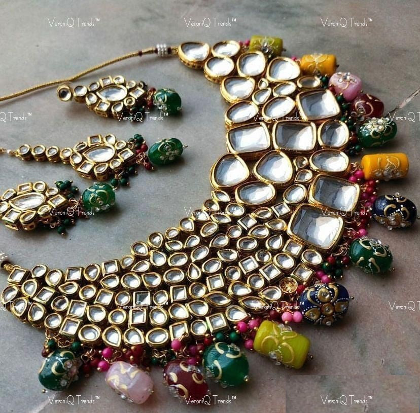 VeroniQ Trends-Gold Plated Heavy Bridal Kundan Jadau And Meenakari Beads Necklace Kundan-Gold Plated-Wedding Jewellery-Punjabi Jewellery-South Indian-Thappa Jewellery