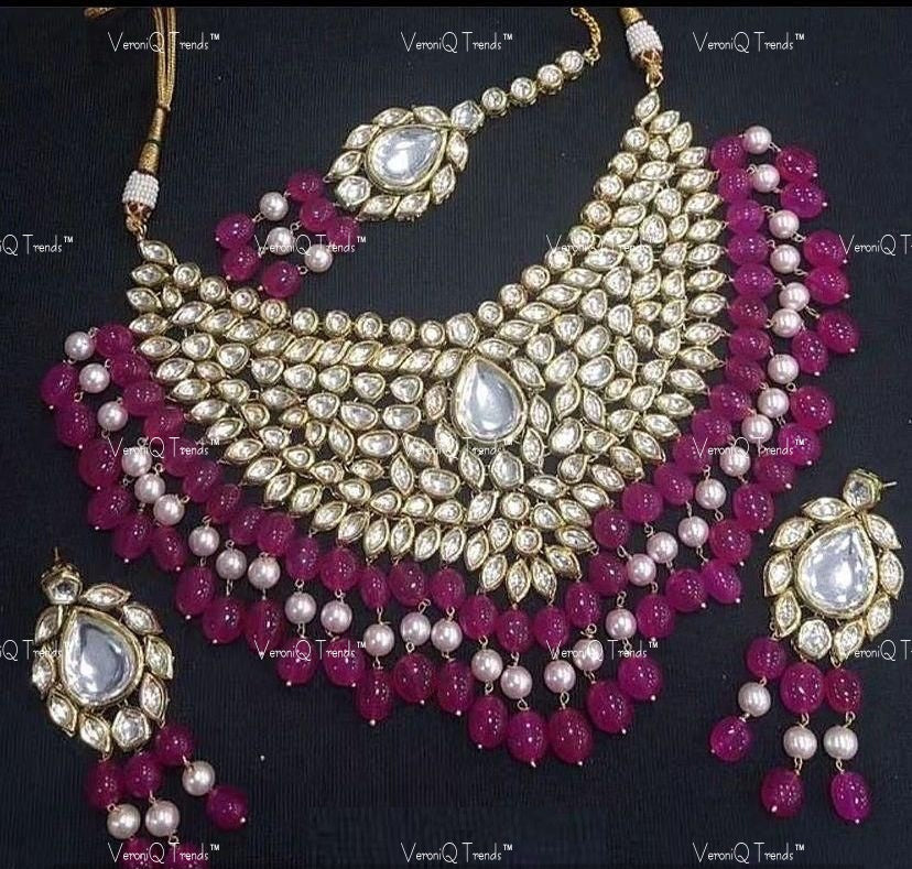 VeroniQ Trends-Latest Bridal Heavy Kundan Studded And Pink Beaded Necklace Kundan-Gold Plated-Wedding Jewellery-Punjabi Jewellery-South Indian-Thappa Jewellery