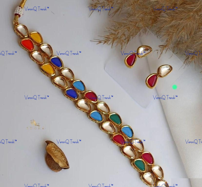 VeroniQ Trends-Gold Plated Navratan Kundan Choker Necklace Kundan-Gold Plated-Wedding Jewellery-Punjabi Jewellery-South Indian-Thappa Jewellery
