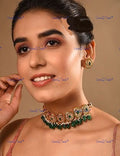 VeroniQ Trends-Gold Plated Emerald Green Beads Kundan Choker Necklace Kundan-Gold Plated-Wedding Jewellery-Punjabi Jewellery-South Indian-Thappa Jewellery