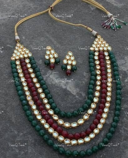 VeroniQ Trends-Multi-Line Beaded Gold Plated Kundan Long Necklace Kundan-Gold Plated-Wedding Jewellery-Punjabi Jewellery-South Indian-Thappa Jewellery