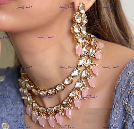 VeroniQ Trends-Elegant Double Line Pink Beaded Gold Plated Kundan Necklace Kundan-Gold Plated-Wedding Jewellery-Punjabi Jewellery-South Indian-Thappa Jewellery