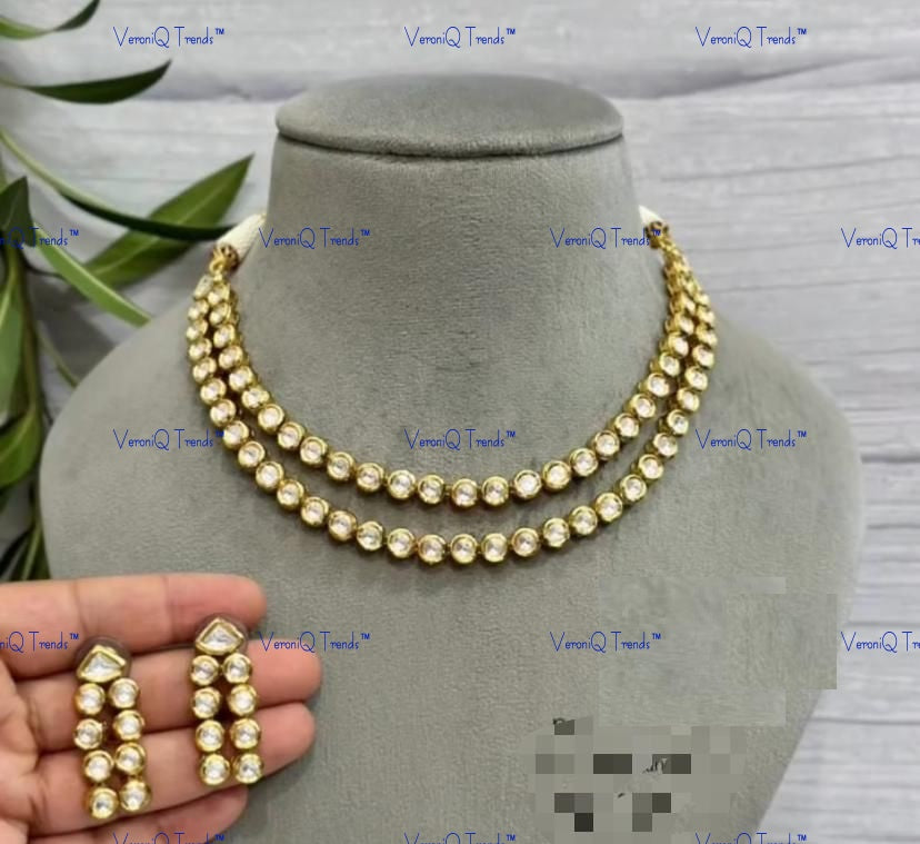 VeroniQ Trends-Diamond Look Double Line Gold Plated Kundan Necklace Kundan-Gold Plated-Wedding Jewellery-Punjabi Jewellery-South Indian-Thappa Jewellery