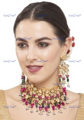 VeroniQ Trends-Gold Plated Beads And Kundan Choker Necklace Kundan-Gold Plated-Wedding Jewellery-Punjabi Jewellery-South Indian-Thappa Jewellery