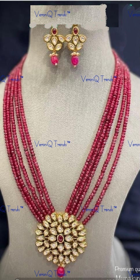 VeroniQ Trends-Multistrand Red Beaded Kundan Studded Peandant Long Necklace Kundan-Gold Plated-Wedding Jewellery-Punjabi Jewellery-South Indian-Thappa Jewellery