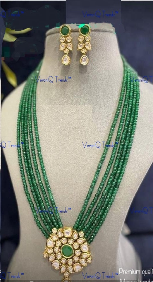 VeroniQ Trends-Multistrand Green Beaded Kundan Studded Peandant Long Necklace Kundan-Gold Plated-Wedding Jewellery-Punjabi Jewellery-South Indian-Thappa Jewellery