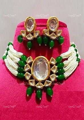 VeroniQ Trends-Multi-Line Green Beaded Heavy Kundan Choker Necklace Kundan-Gold Plated-Wedding Jewellery-Punjabi Jewellery-South Indian-Thappa Jewellery