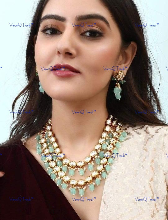 VeroniQ Trends-Turquoise Beads Double-Line Kundan Necklace Kundan-Gold Plated-Wedding Jewellery-Punjabi Jewellery-South Indian-Thappa Jewellery