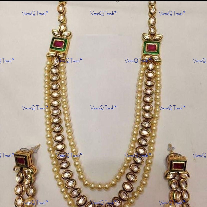 VeroniQ Trends-Traditional Multi-Line Pearl Kundan Long Necklace Kundan-Gold Plated-Wedding Jewellery-Punjabi Jewellery-South Indian-Thappa Jewellery