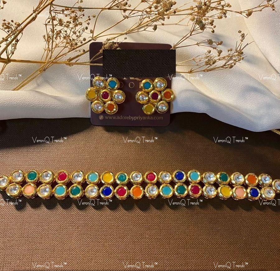 VeroniQ Trends-Elegant Multicolor Kundan Choker Necklace Kundan-Gold Plated-Wedding Jewellery-Punjabi Jewellery-South Indian-Thappa Jewellery
