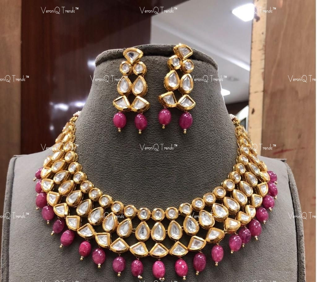 VeroniQ Trends-Gold Plated Beads And Kundan Choker Necklace Kundan-Gold Plated-Wedding Jewellery-Punjabi Jewellery-South Indian-Thappa Jewellery