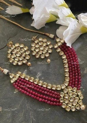 VeroniQ Trends-Elegant Gold Plated Multistrand Red Beaded And Kundan Necklace Kundan-Gold Plated-Wedding Jewellery-Punjabi Jewellery-South Indian-Thappa Jewellery