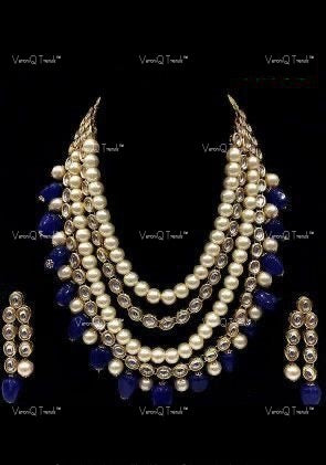 VeroniQ Trends-Multi-Line Gold Plated Kundan Studded And Beaded PearlAnd Sapphire Long Necklace Kundan-Gold Plated-Wedding Jewellery-Punjabi Jewellery-South Indian-Thappa Jewellery