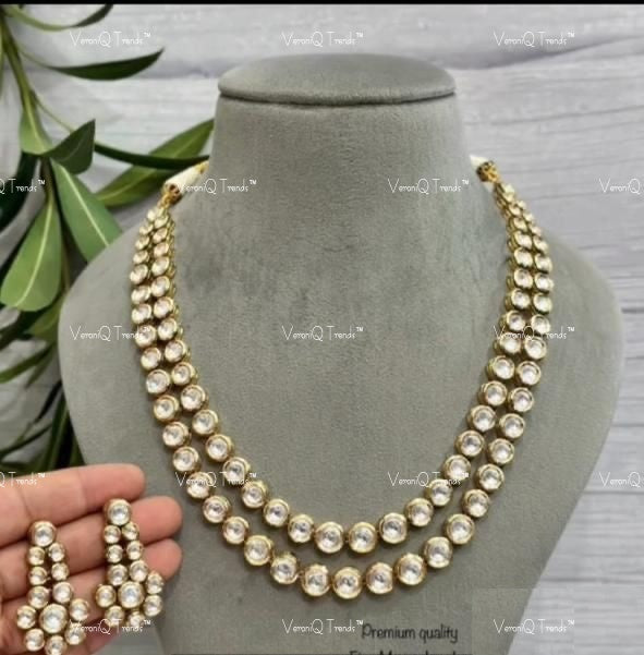 VeroniQ Trends-Diamond Look Gold Plated Double Line Kundan Studded Necklace Kundan-Gold Plated-Wedding Jewellery-Punjabi Jewellery-South Indian-Thappa Jewellery