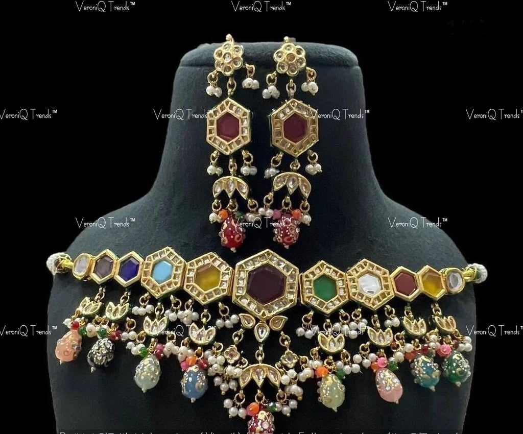 VeroniQ Trends-Multicolor With Meenakari Beads Gold Plated Kundan Studded Choker Necklace Kundan-Gold Plated-Wedding Jewellery-Punjabi Jewellery-South Indian-Thappa Jewellery