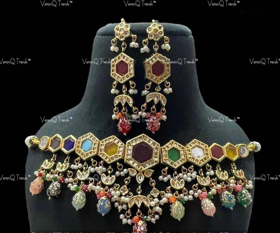 VeroniQ Trends-Multicolor With Meenakari Beads Gold Plated Kundan Studded Choker Necklace Kundan-Gold Plated-Wedding Jewellery-Punjabi Jewellery-South Indian-Thappa Jewellery