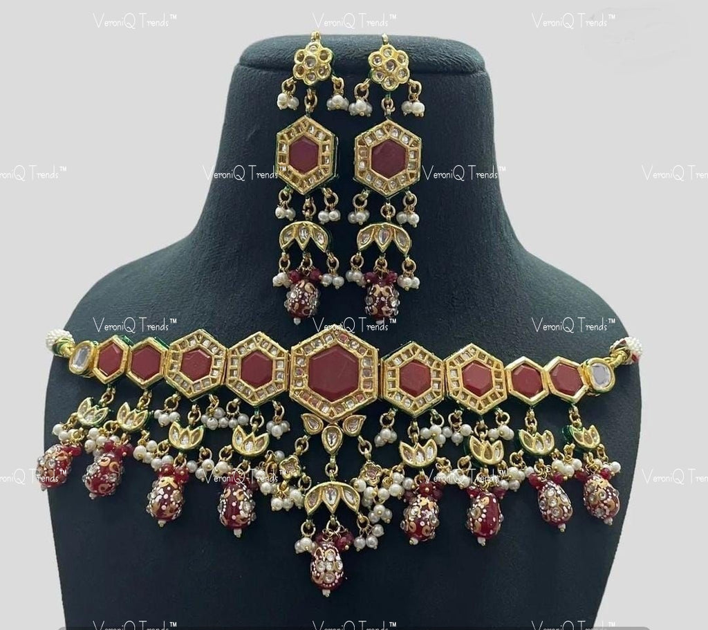 VeroniQ Trends-Multicolor With Meenakari Beads Gold Plated Kundan Studded Choker Necklace Kundan-Gold Plated-Wedding Jewellery-Punjabi Jewellery-South Indian-Thappa Jewellery