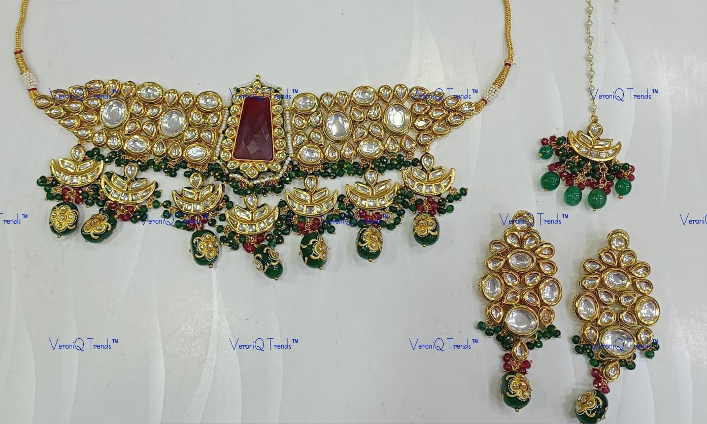 VeroniQ Trends-Gold Plated Kundan Studded Choker Necklace Kundan-Gold Plated-Wedding Jewellery-Punjabi Jewellery-South Indian-Thappa Jewellery