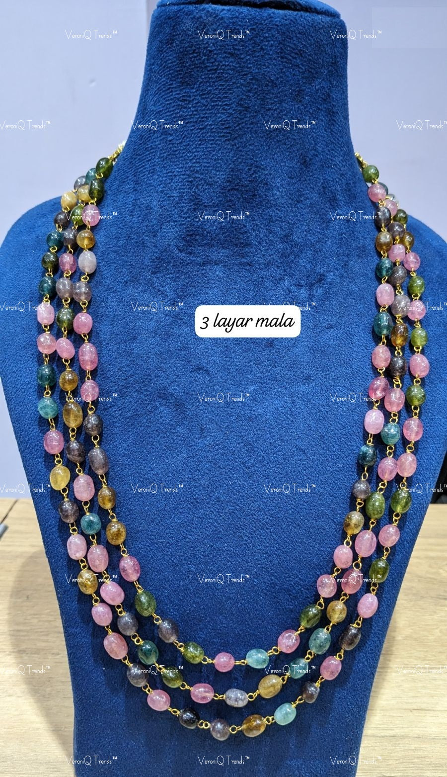 VeroniQ Trends-Beautiful Three Layer Tourmaline Look Beads Jaipuri Mala Necklace-Gold Plated-Wedding Jewellery-Punjabi Jewellery-South Indian-Thappa Jewellery