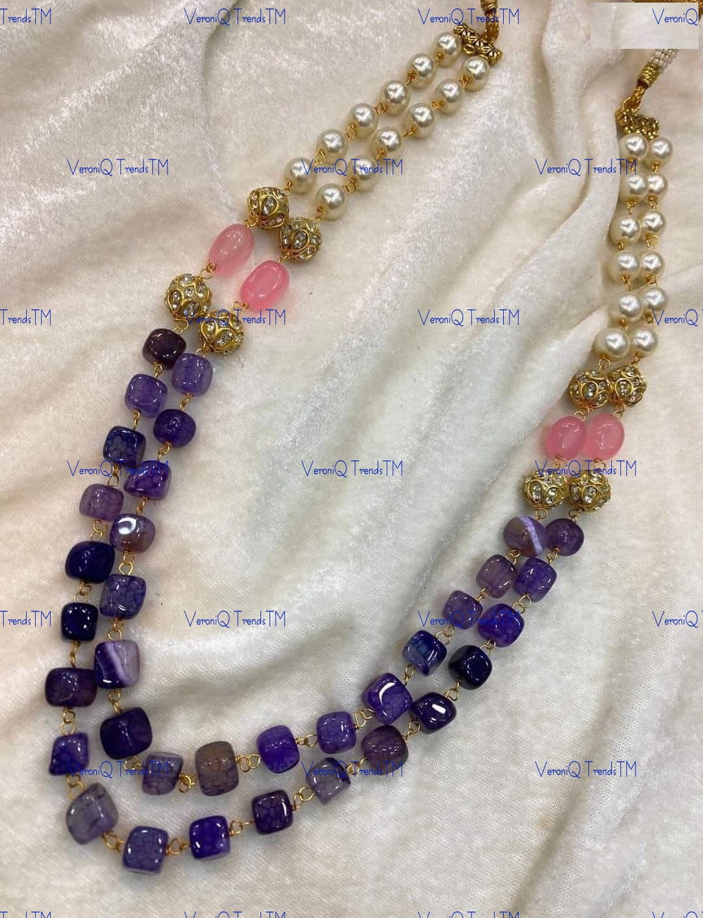 VeroniQ Trends-Beautiful Double Layer Natural Stone And Pearl Jaipuri Mala Necklace-Gold Plated-Wedding Jewellery-Punjabi Jewellery-South Indian-Thappa Jewellery