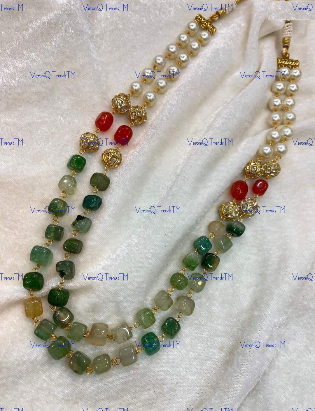 VeroniQ Trends-Beautiful Double Layer Natural Stone And Pearl Jaipuri Mala Necklace-Gold Plated-Wedding Jewellery-Punjabi Jewellery-South Indian-Thappa Jewellery
