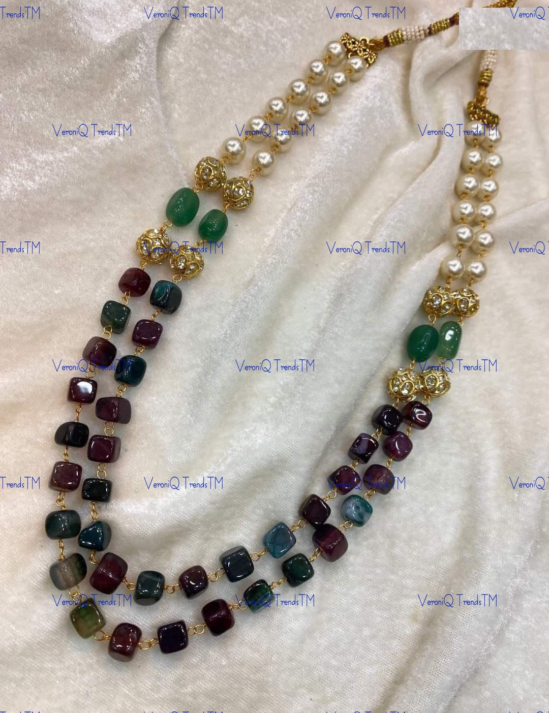 VeroniQ Trends-Beautiful Double Layer Natural Stone And Pearl Jaipuri Mala Necklace-Gold Plated-Wedding Jewellery-Punjabi Jewellery-South Indian-Thappa Jewellery