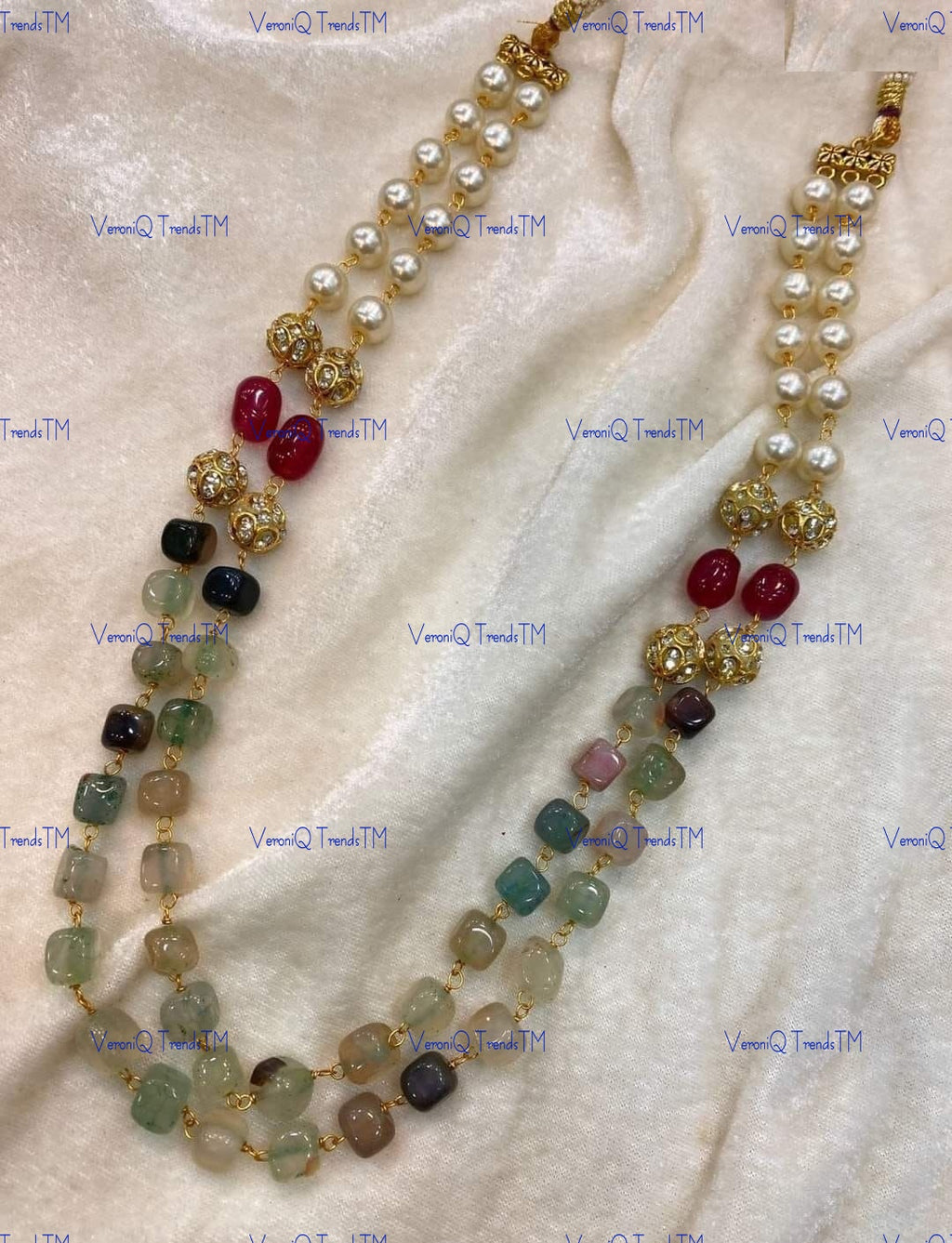 VeroniQ Trends-Beautiful Double Layer Natural Stone And Pearl Jaipuri Mala Necklace-Gold Plated-Wedding Jewellery-Punjabi Jewellery-South Indian-Thappa Jewellery