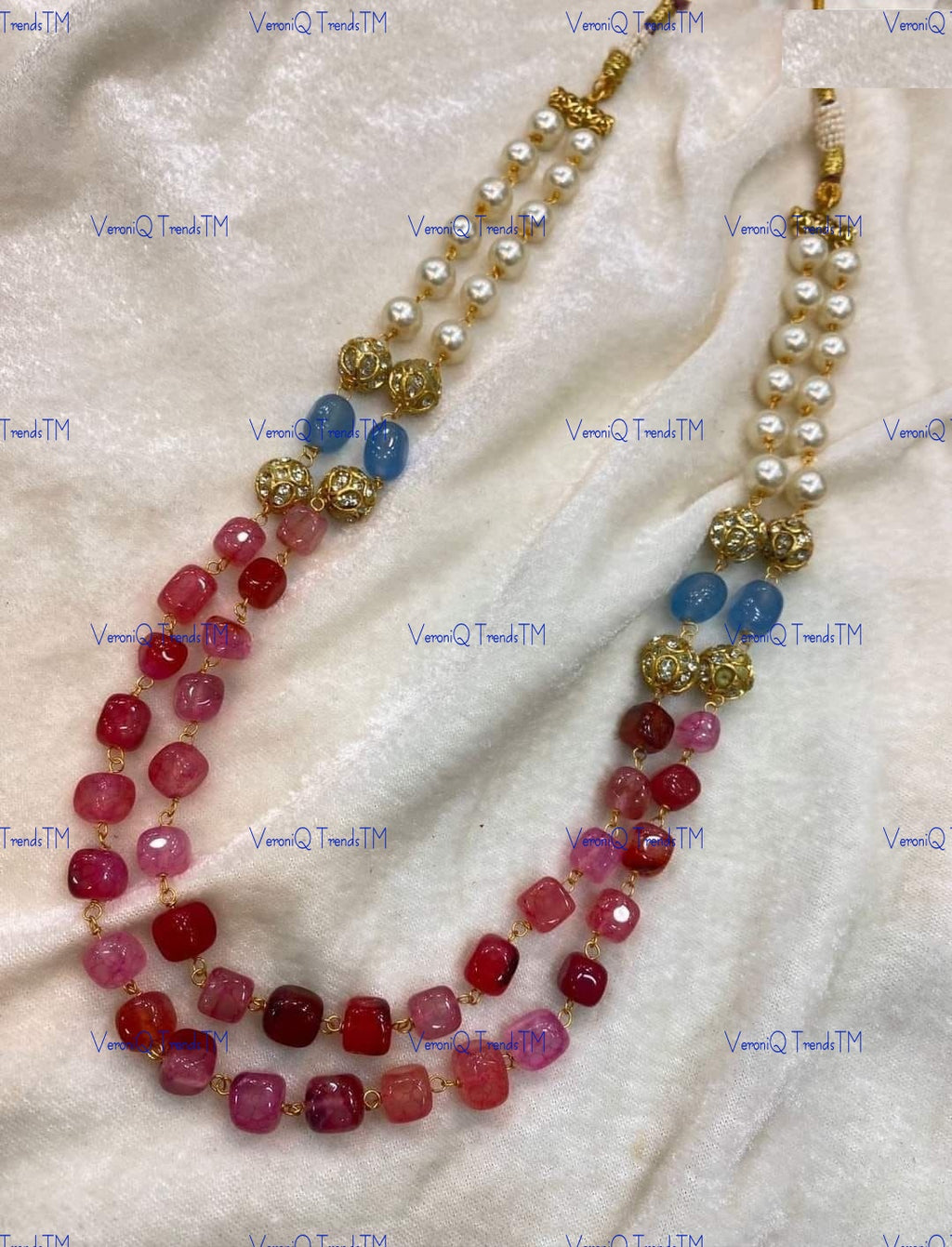 VeroniQ Trends-Beautiful Double Layer Natural Stone And Pearl Jaipuri Mala Necklace-Gold Plated-Wedding Jewellery-Punjabi Jewellery-South Indian-Thappa Jewellery
