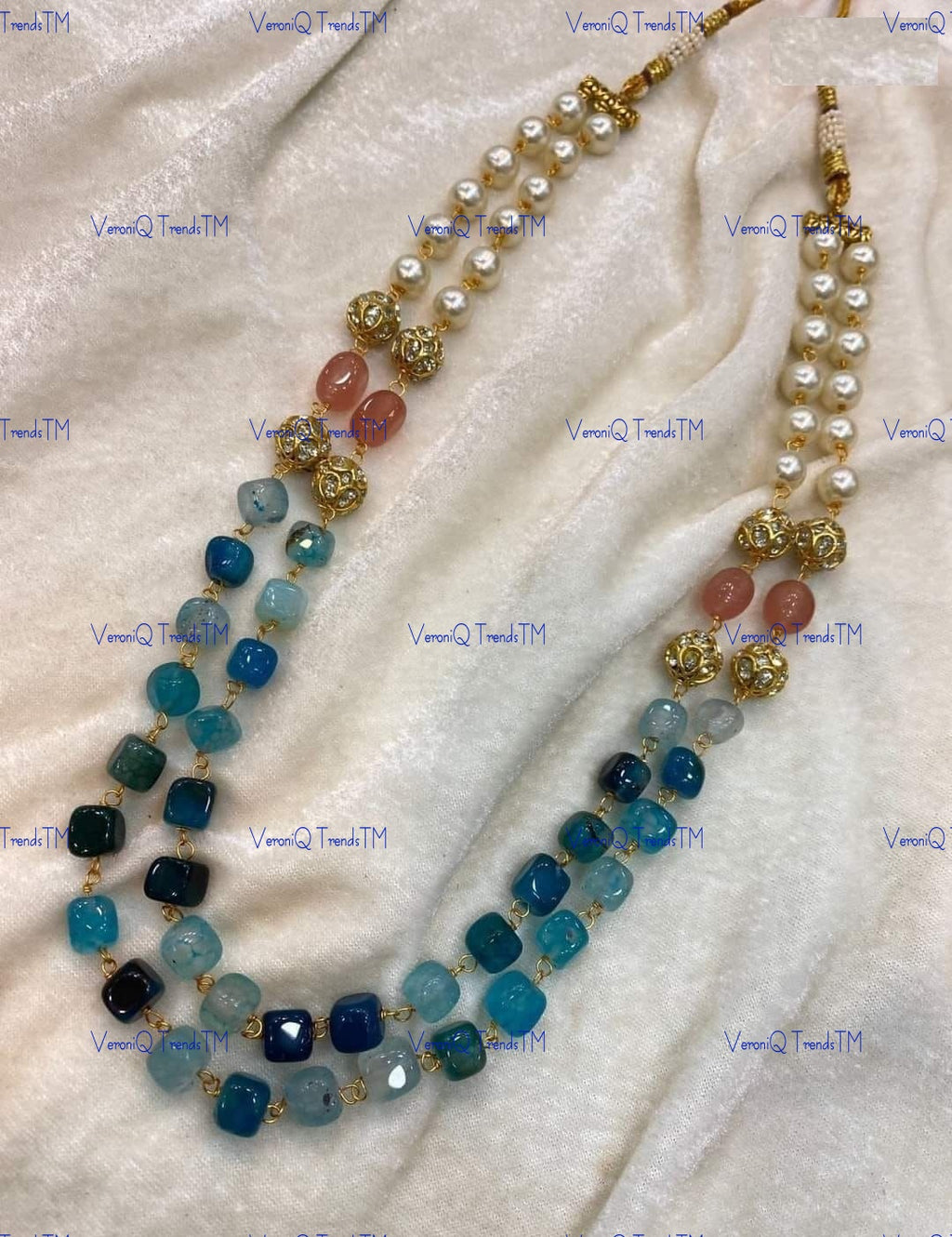 VeroniQ Trends-Beautiful Double Layer Natural Stone And Pearl Jaipuri Mala Necklace-Gold Plated-Wedding Jewellery-Punjabi Jewellery-South Indian-Thappa Jewellery