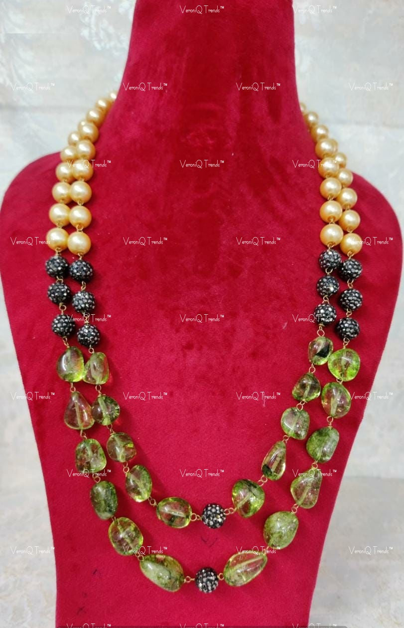 VeroniQ Trends-Elegant Double Layer Fluorite Color Beads And Victorian Beads Jaipuri Mala Long Necklace-Gold Plated-Wedding Jewellery-Punjabi Jewellery-South Indian-Thappa Jewellery