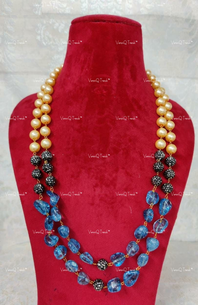 VeroniQ Trends-Elegant Double Layer Fluorite Color Beads And Victorian Beads Jaipuri Mala Long Necklace-Gold Plated-Wedding Jewellery-Punjabi Jewellery-South Indian-Thappa Jewellery
