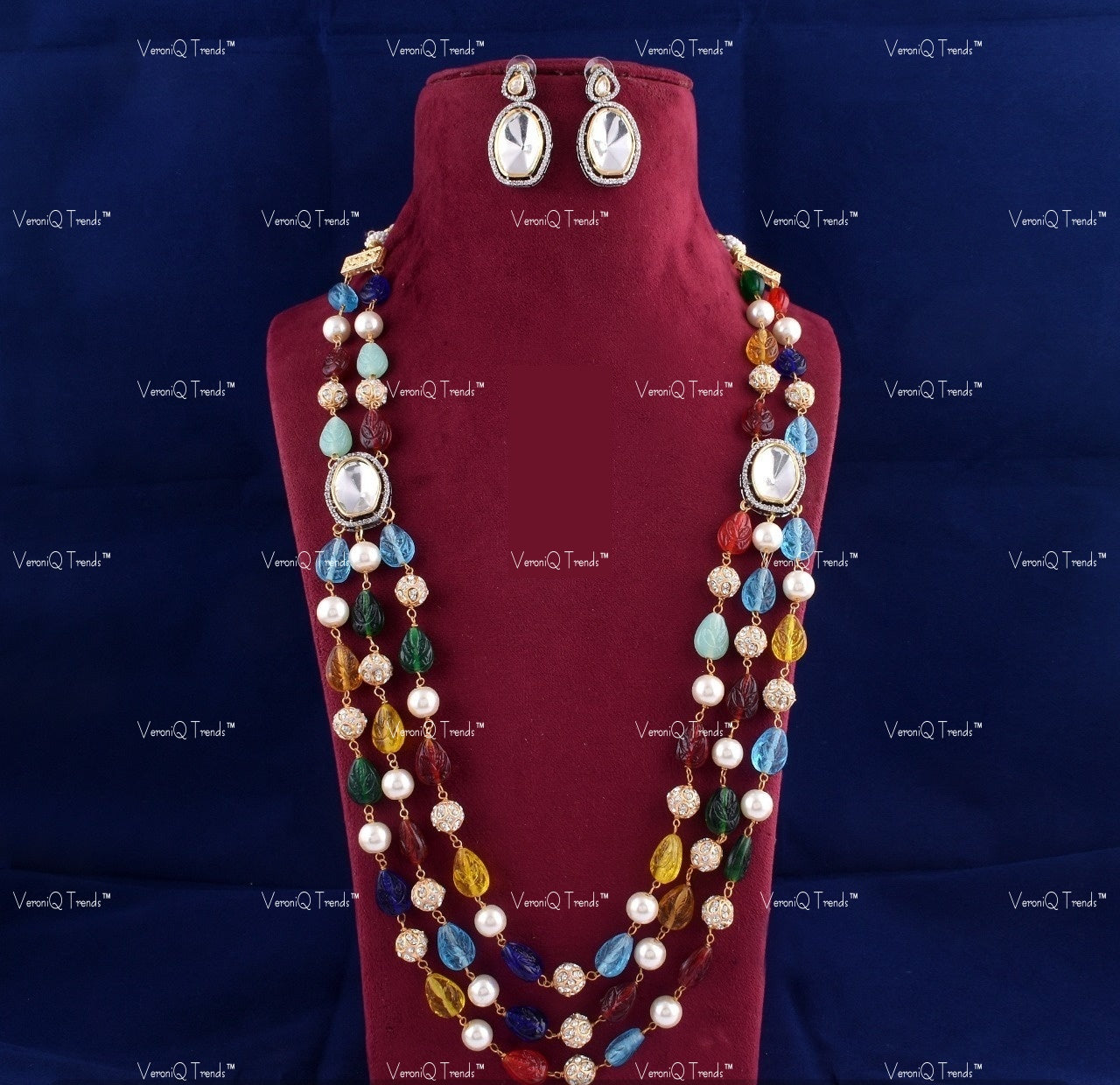 VeroniQ Trends-Elegant Multi-Layer Multicolour Beaded and Kundan Jaipuri Mala Necklace-Gold Plated-Wedding Jewellery-Punjabi Jewellery-South Indian-Thappa Jewellery