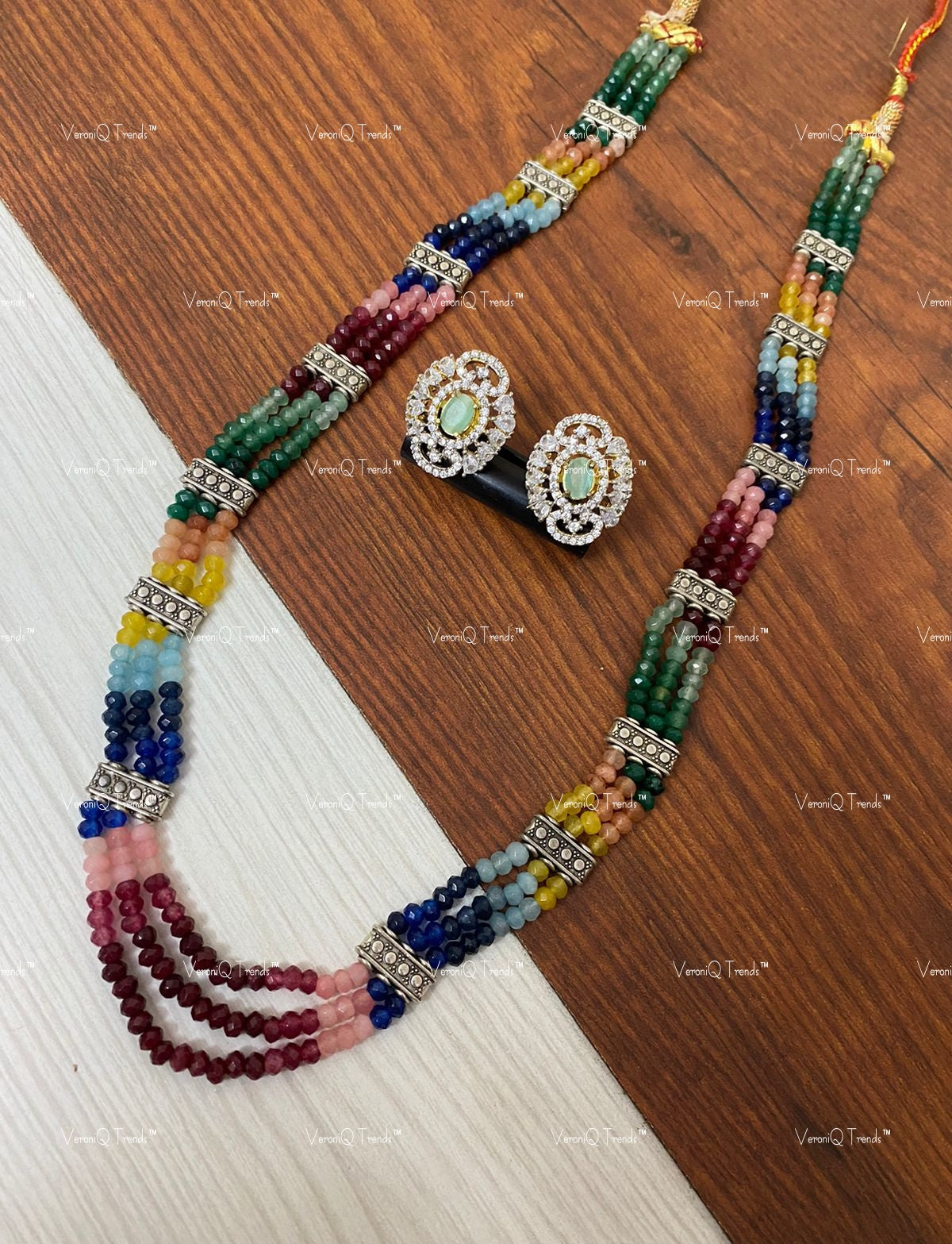 VeroniQ Trends-Pretty Multistrand Multicolor Beads and Kundan Long Necklace-Gold Plated-Wedding Jewellery-Punjabi Jewellery-South Indian-Thappa Jewellery