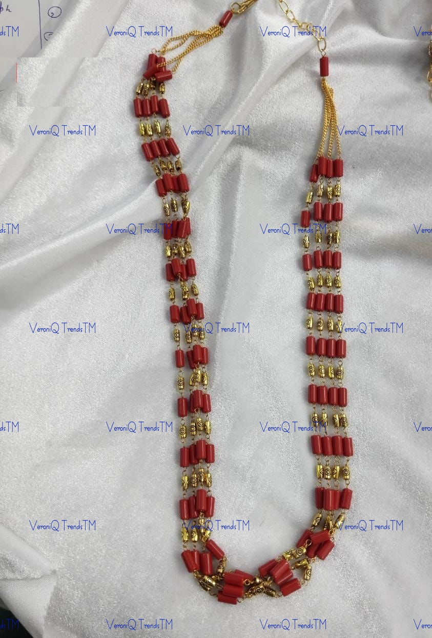 VeroniQ Trends-Pretty Multistrand Coral Look Beads Long Necklace-Gold Plated-Wedding Jewellery-Punjabi Jewellery-South Indian-Thappa Jewellery