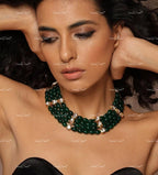 VeroniQ Trends-Beautiful Green Beaded and Kundan Choker Necklace-Gold Plated-Wedding Jewelry-Punjabi Jewelry-South Indian-Thappa Jewelry