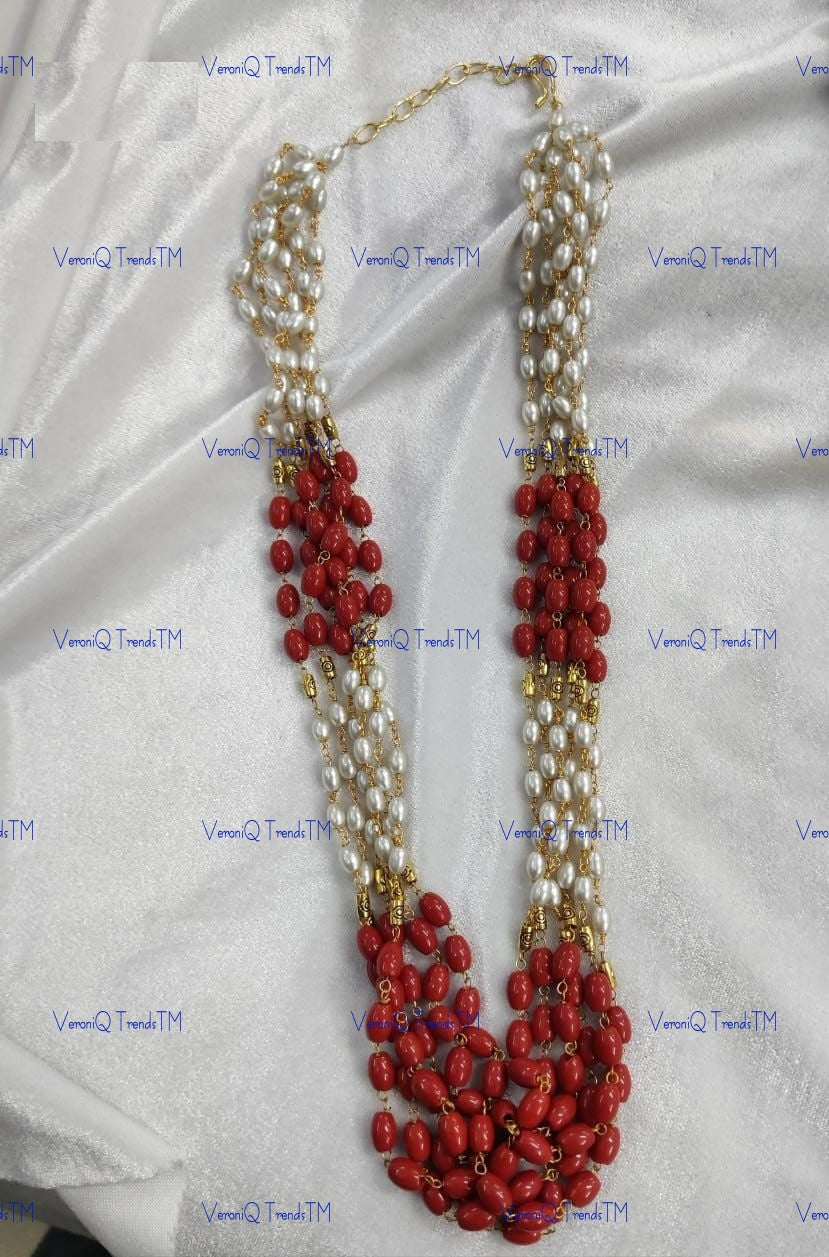 VeroniQ Trends-Elegant Multistrand Coral Look And Pearl Beads Long Necklace-Gold Plated-Wedding Jewellery-Punjabi Jewellery-South Indian-Thappa Jewellery