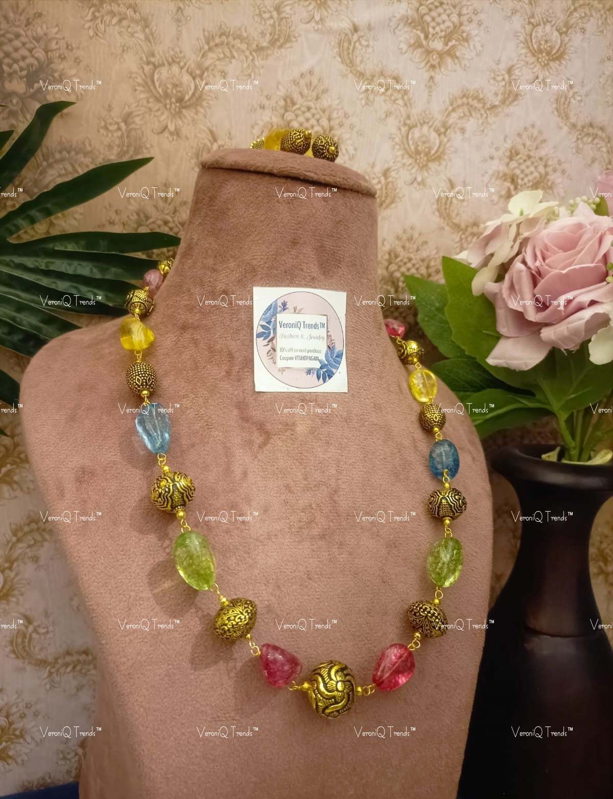 VeroniQ Trends-Elegant Jaipuri Mala Multicolour Fluorite Beads Single Line Long Necklace-Gold Plated-Wedding Jewellery-Punjabi Jewellery-South Indian-Thappa Jewellery