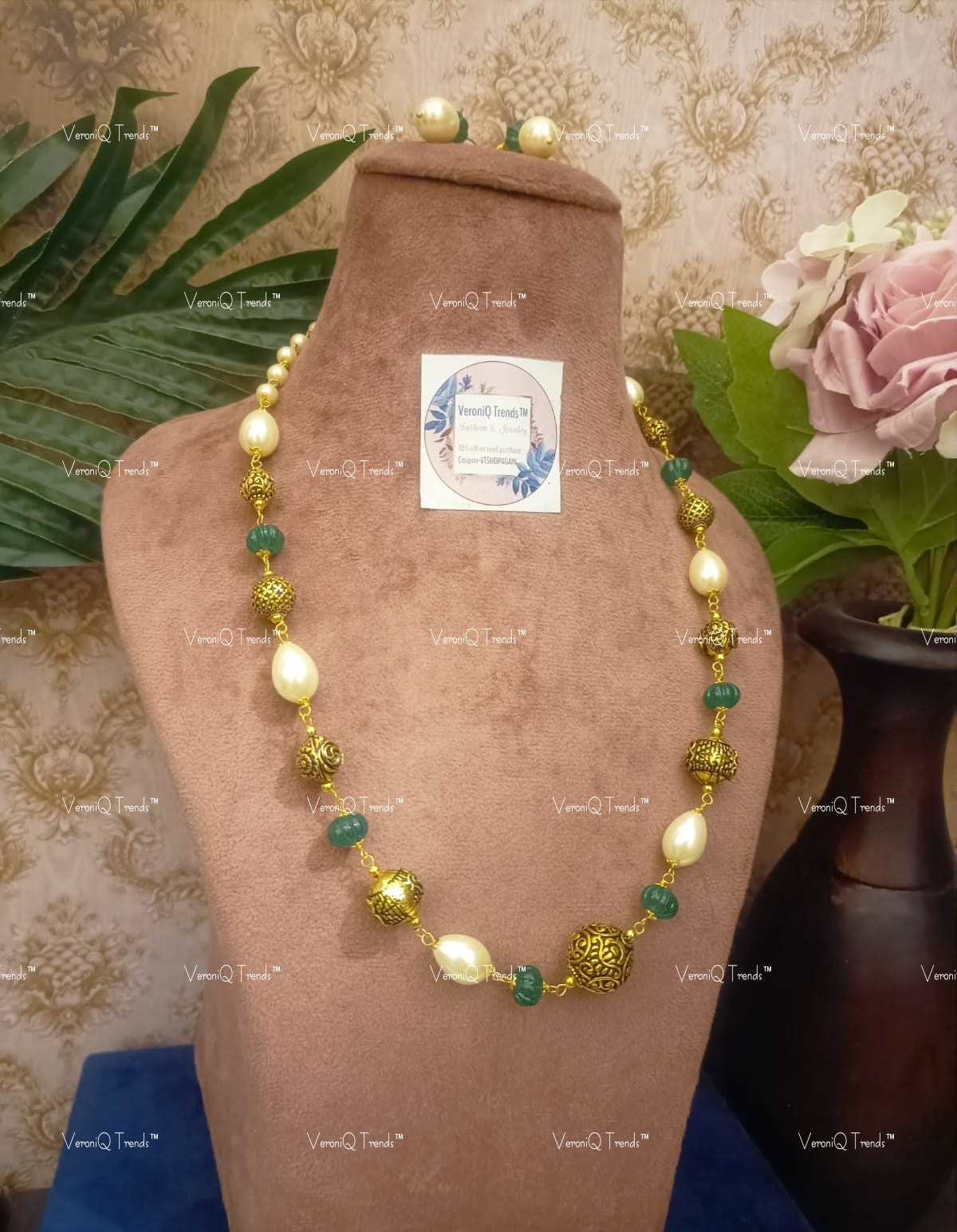 VeroniQ Trends-Beautiful Single Line Jaipuri Mala Style MultiColour Beads Long Necklace-Gold Plated-Wedding Jewellery-Punjabi Jewellery-South Indian-Thappa Jewellery
