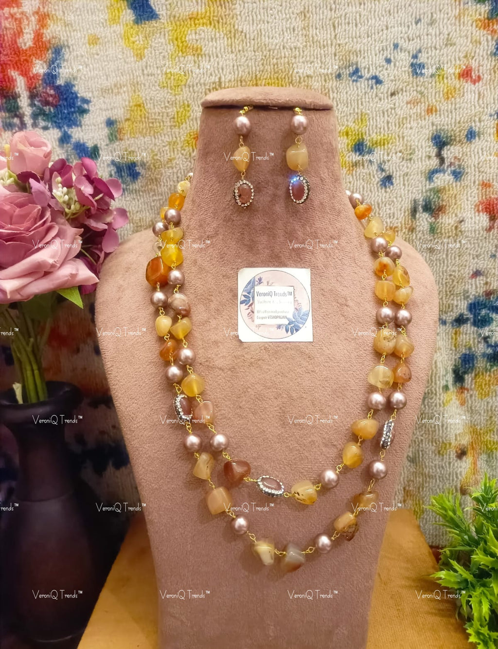 VeroniQ Trends-Traditional Double Layer Natural Stone Beads With Victorian Beads Jaipuri Long Mala Necklace-Gold Plated-Wedding Jewellery-Punjabi Jewellery-South Indian-Thappa Jewellery